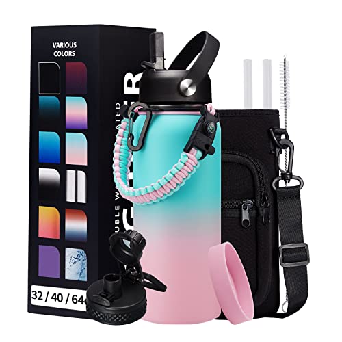 32oz Stainless Steel Water Bottle -w/Paracord Handle  Straw & Spout Lids  Bottle Sleeve  Reusable Metal Thermo Keep Cold-48h & Hot-24h  Wide Mouth Double-Wall Vacuum Flasks for Sports Fitness